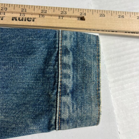 Y2K Levi's Jean Jacket Medium Blue Faded Trucker DIY Blue Tribal Sleeve Denim - Picture 11 of 16
